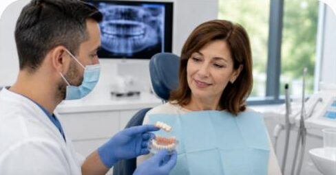 Dentiste présentant un modèle de bridge et de prothèse dentaire amovible à une patiente
